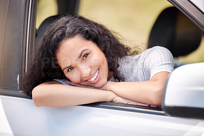 Buy stock photo Happy woman, car and portrait for road trip, travel or outdoor adventure in countryside. Young female person or driver smile in vehicle for transportation, journey or vacation on street for holiday