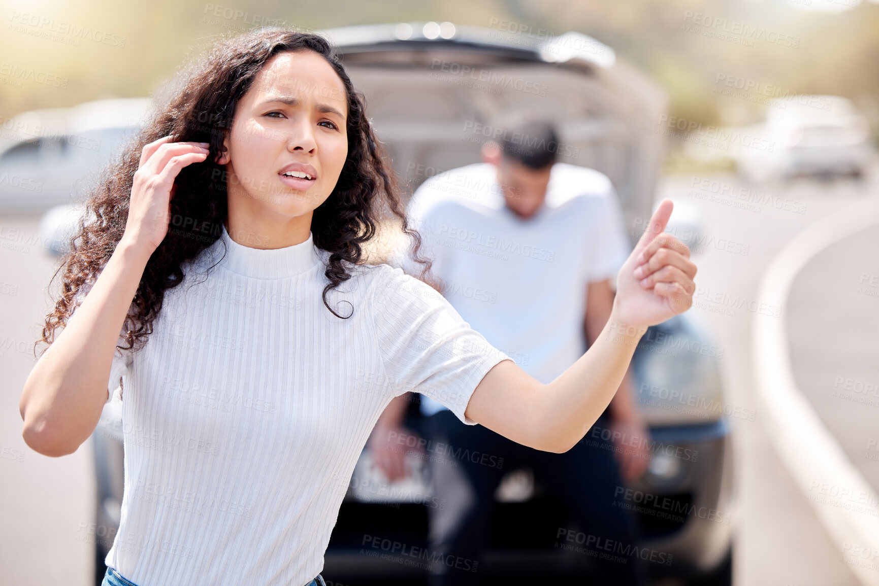 Buy stock photo Woman, road and gesture for car help, assistance and engine trouble or vehicle breakdown in outdoor. Female person, thumb and stress for travel or journey, highway and hand for support or asking