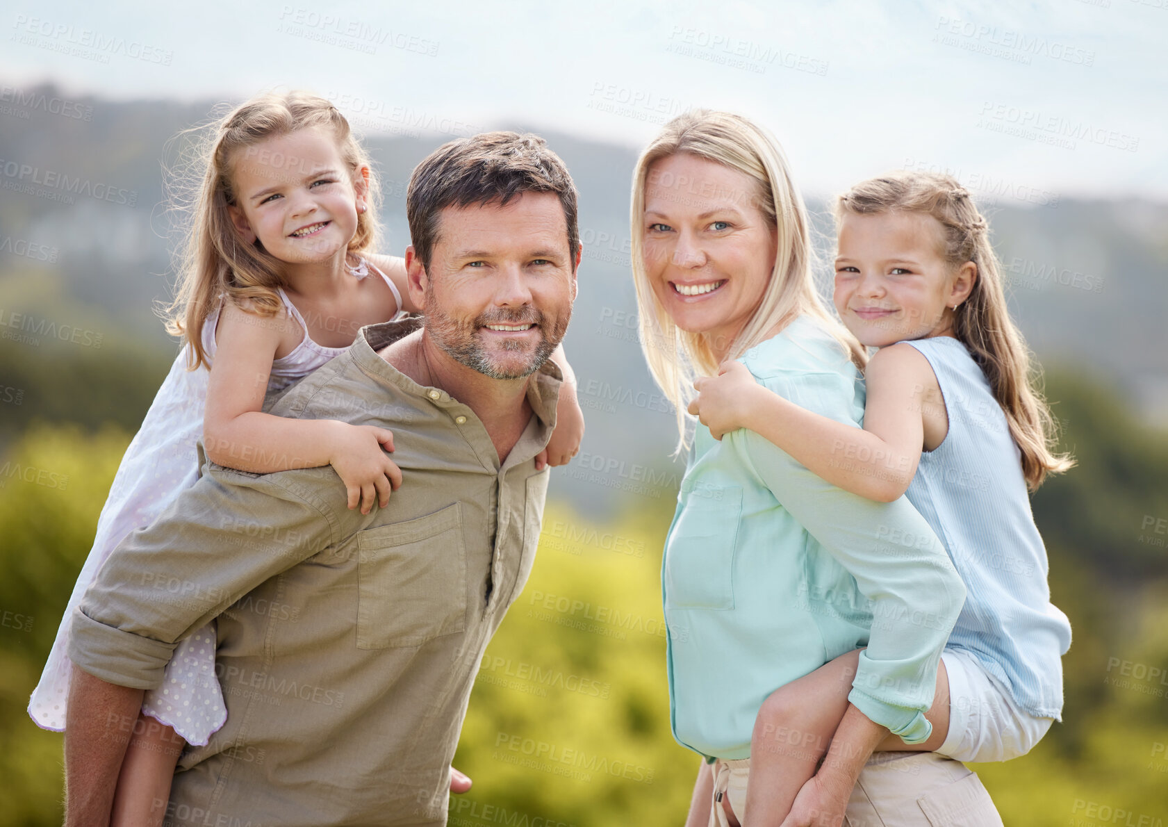 Buy stock photo Happy family, portrait and piggyback with children in nature for holiday, weekend or bonding together. Mother, father and kids or siblings with smile for embrace, support or love in countryside