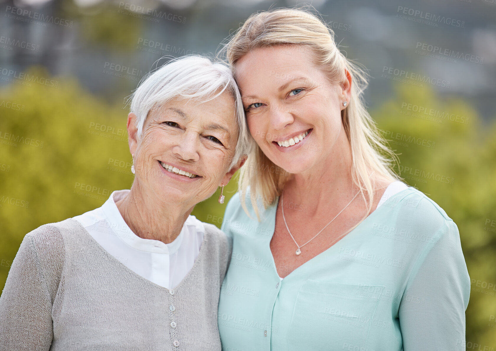 Buy stock photo Smile, portrait and women with senior mother, daughter and hug in nature, park and summer for holiday. Happy, love and mom embracing lady with care for vacation, adventure or weekend break for family