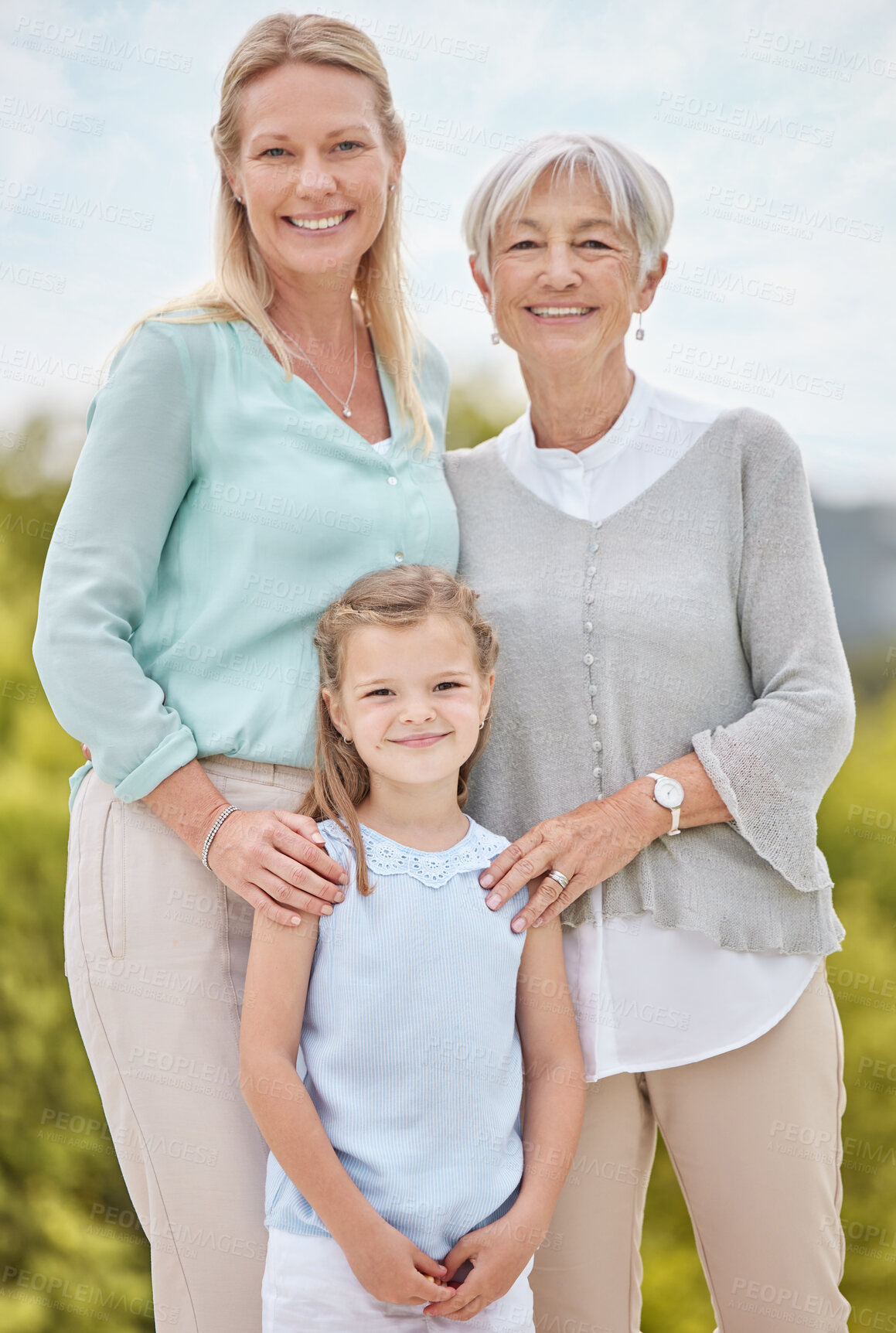 Buy stock photo Happy, portrait and woman with mom, daughter and hug in nature, park and summer for holiday. Smile, love and girl embracing grandmother with care for vacation, adventure or weekend break for family