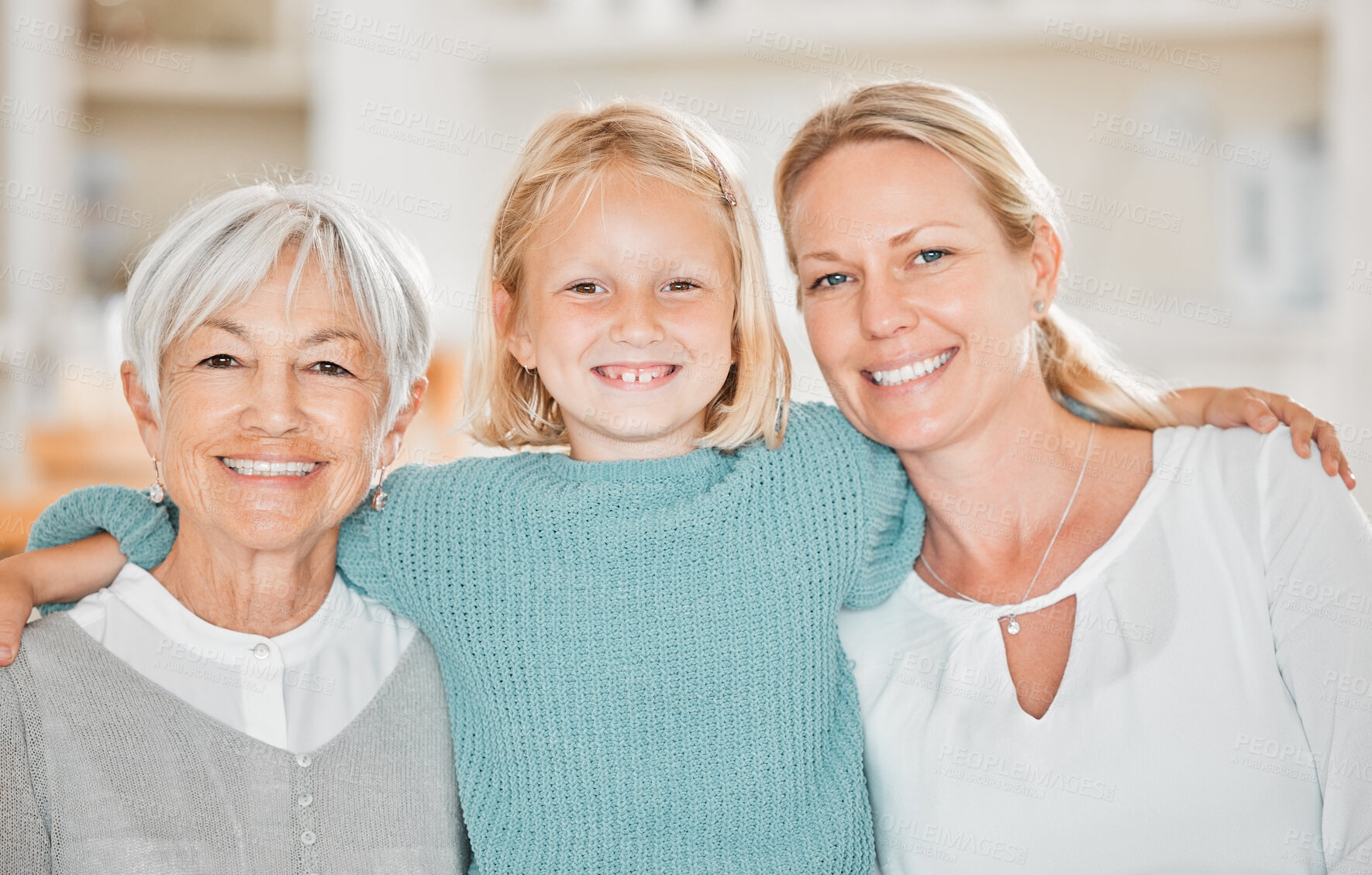 Buy stock photo Happy family, elderly woman and child in portrait with love, positive and care for bonding in home. Grandmother, daughter and kid in living room together for support, connection or affection in house