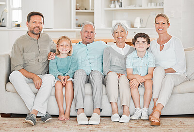 Buy stock photo Big family, senior people and children in portrait with love, positive and care for bonding together in home. Grandparents, mom and dad in living room for happiness, connection and affection in house