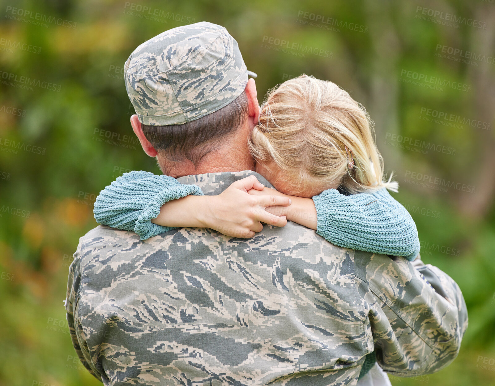 Buy stock photo Hug, love or military with father and daughter in garden of home together for return from war. Army, family or uniform with man parent and girl child outdoor in USA for bonding, safety or support