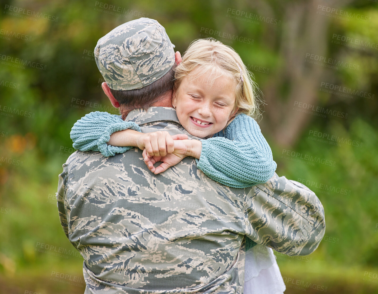 Buy stock photo Army, hug or smile with father and daughter in garden of home together for return from war. Embrace, family or uniform with man parent and girl child outdoor in USA for bonding, safety or support