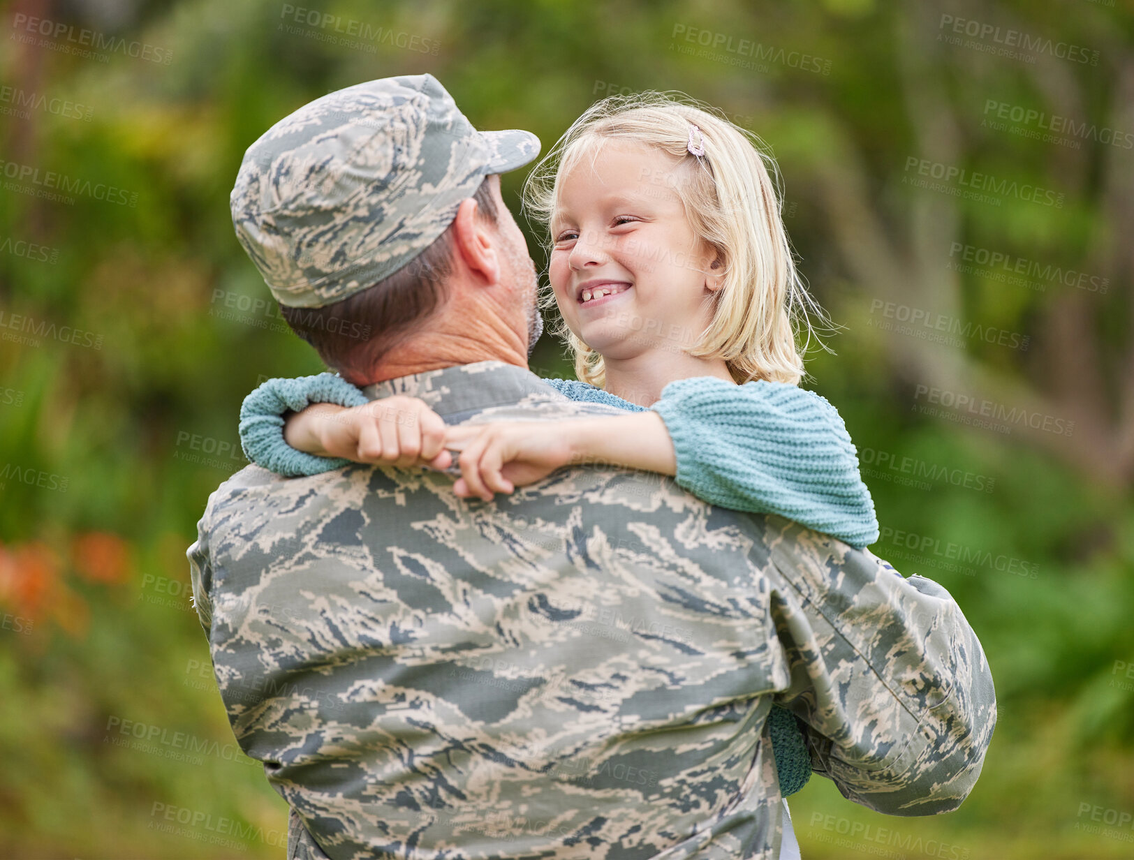 Buy stock photo Army, carry or smile with father and daughter in garden of home together for return from war. Family, hug or uniform with man parent and girl child outdoor in USA for bonding, safety or support