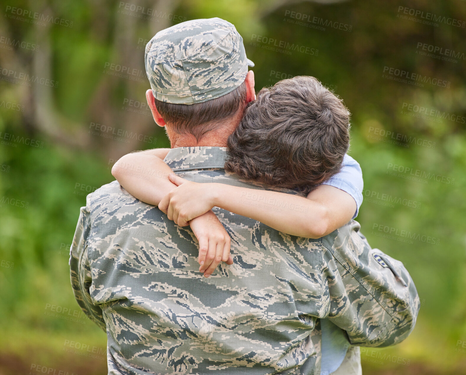 Buy stock photo Man, soldier and embrace child outdoor for return home, military welcome and reunion from army service. Father, son and hug with hero from war, bonding together and warrior safety for childhood love