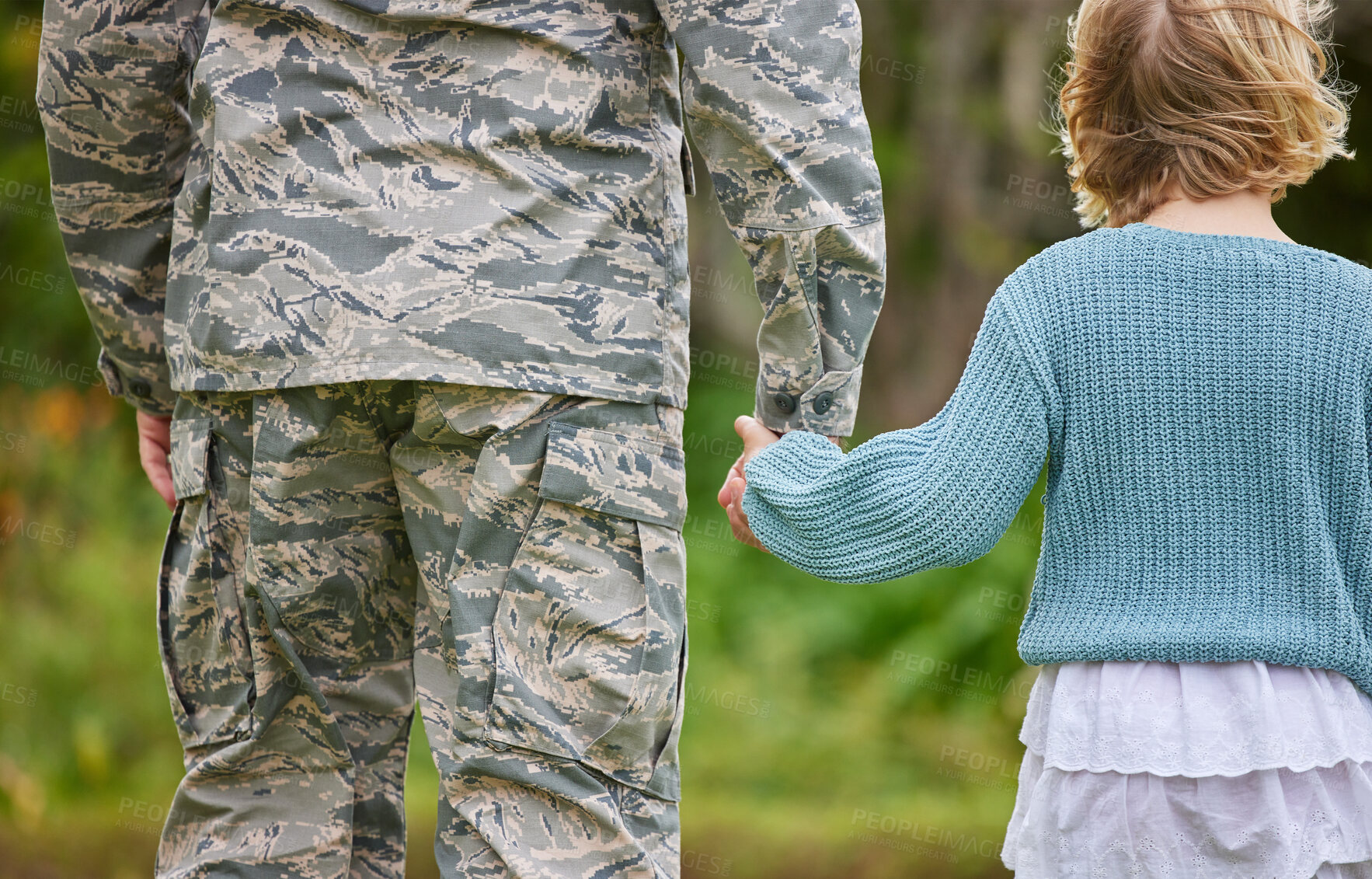 Buy stock photo Back, family and child as soldier holding hands for return home, military welcome and reunion from army service. Parents, children and embrace with hero from war, bonding together and warrior safety 