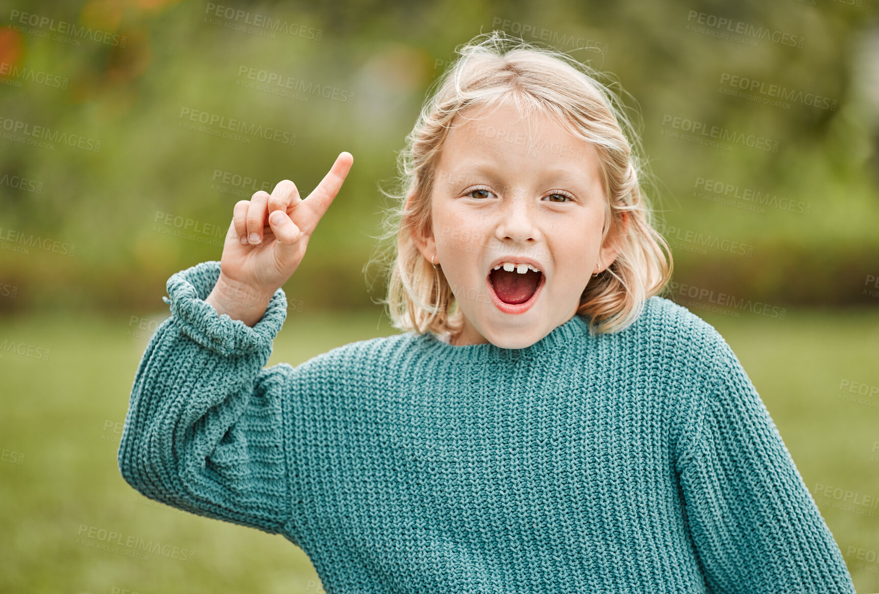 Buy stock photo Wow, pointing and child with ideas, smile and portrait of adorable girl in nature, happy and confident. Outdoor, cheerful and facial expression of shock, amazed and youth in park, student and kid