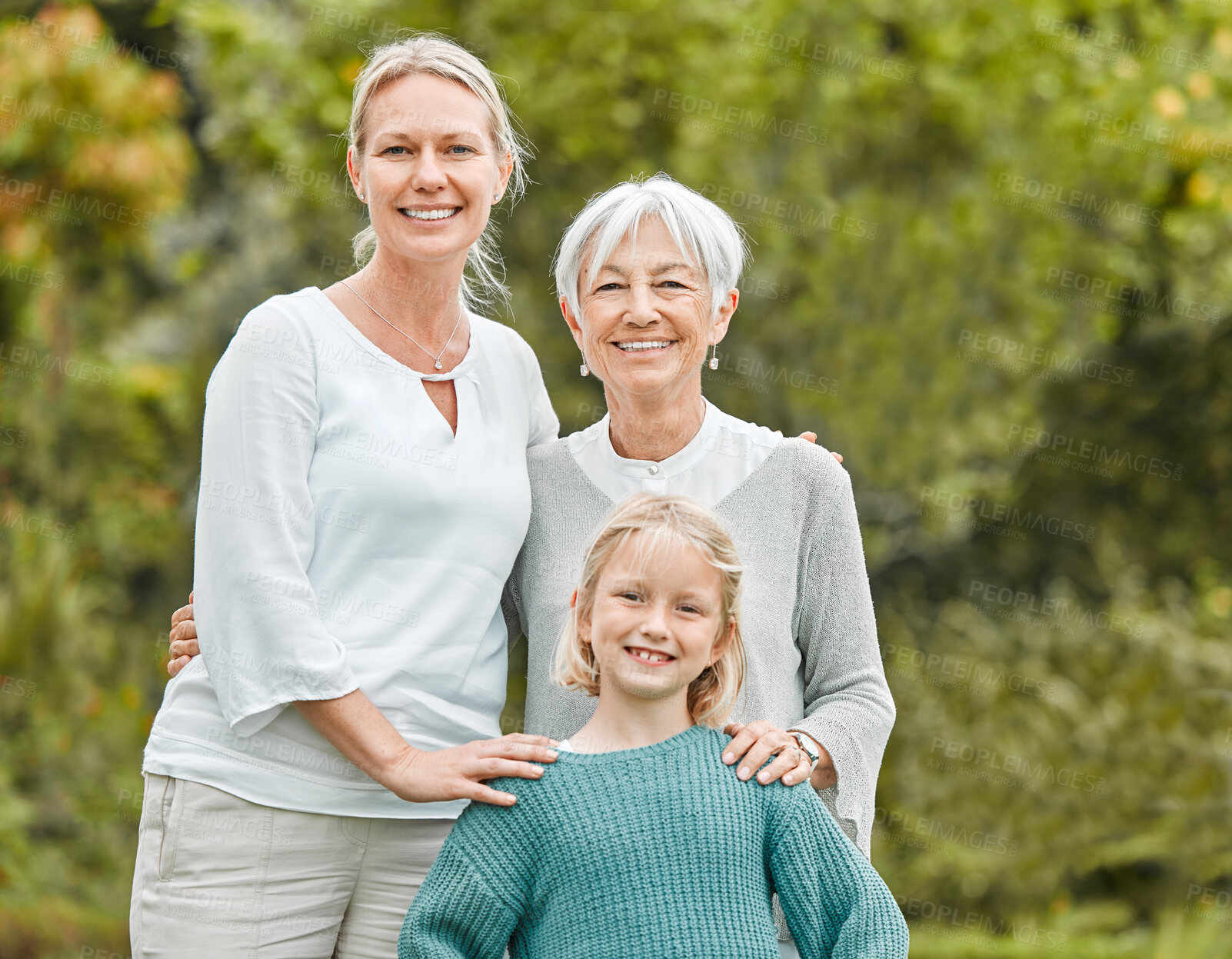 Buy stock photo Portrait, mom and girl in park with grandmother, smile and trust in nature and happy family together. Women, grandma or parent in Australia with love, care or female kid on outdoor holiday vacation