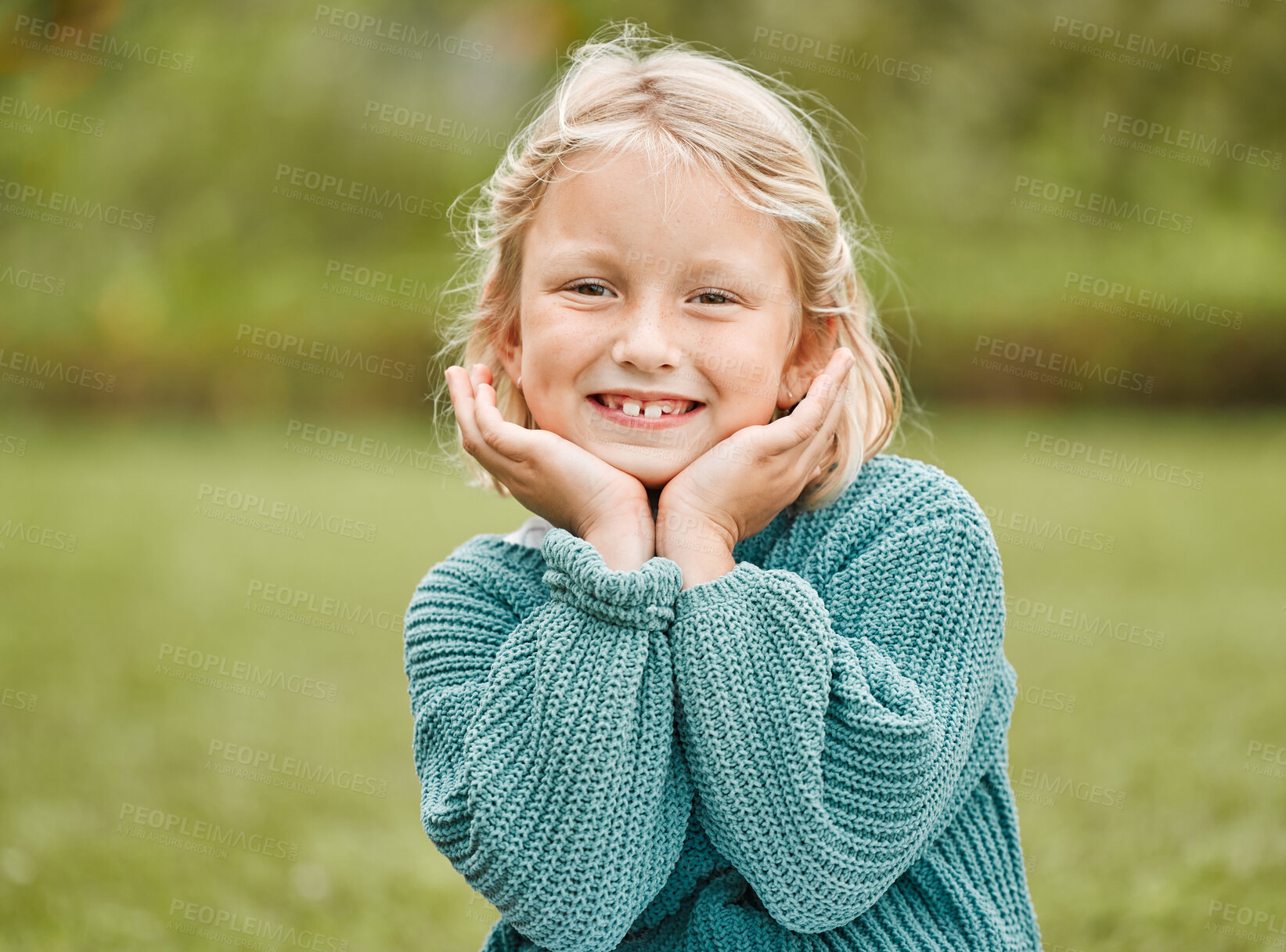 Buy stock photo Girl child, portrait or smile in park on outdoor holiday or vacation with happiness or fun on weekend. Development, face or confident female kid alone for adventure and playing in nature in Australia