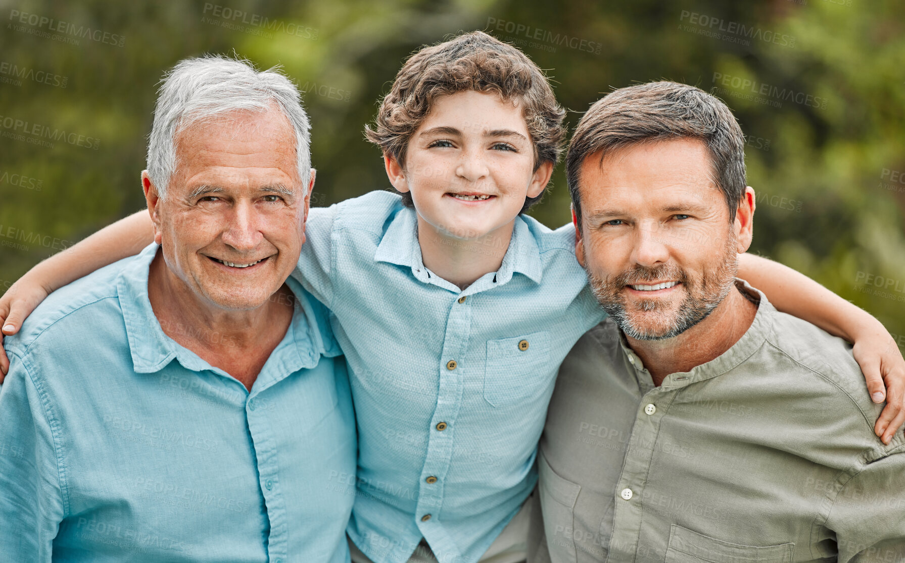 Buy stock photo Outdoor, dad or portrait of boy with grandfather, smile and trust in park or happy family together. Proud men, grandpa or parent in Australia with love, care or male kid on holiday vacation in nature