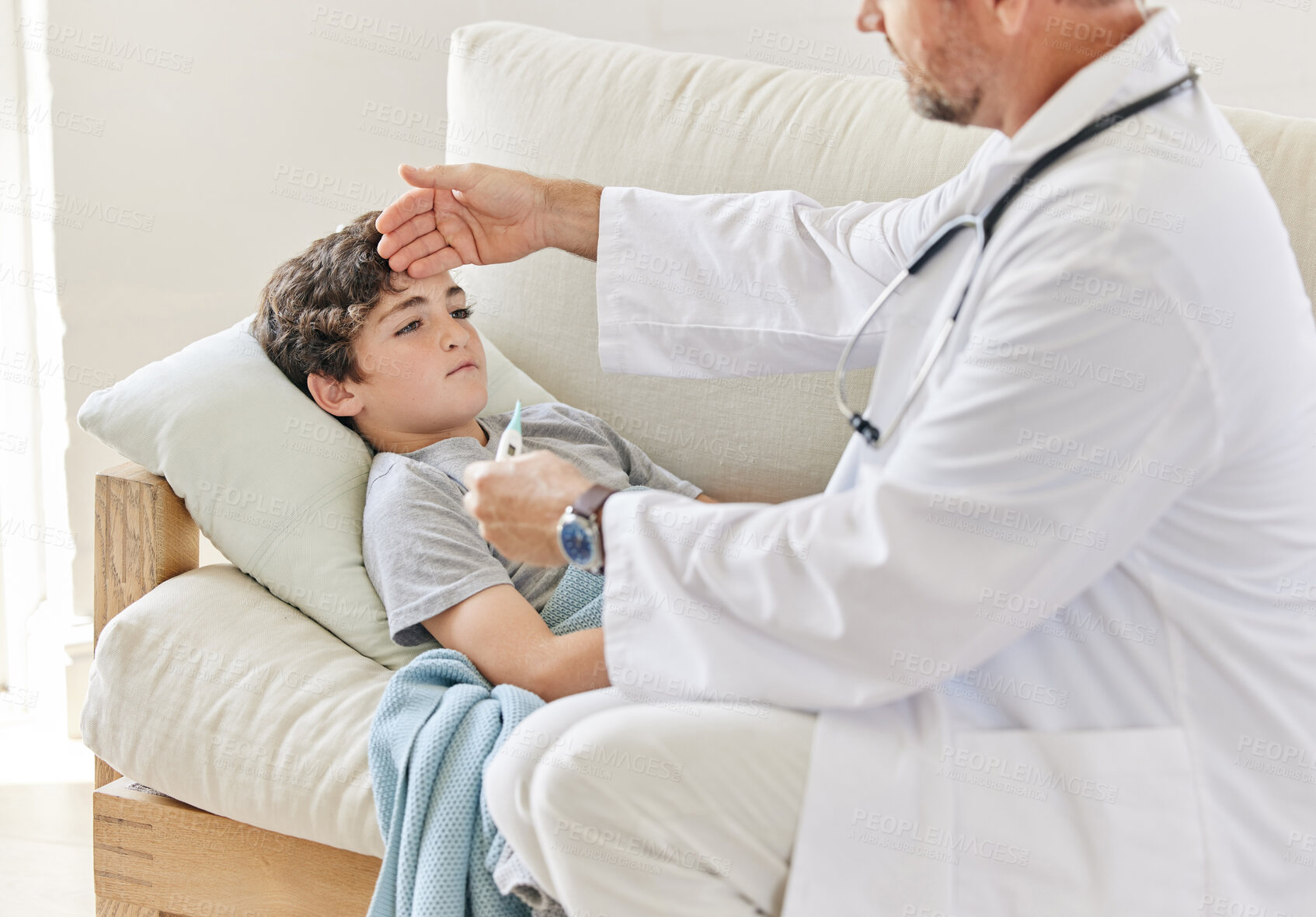 Buy stock photo Young, male person and doctor with thermometer, consulting service and medical appointment as kid. Child, pediatrician and medic in home for wellness, checkup and healthcare treatment in consultation