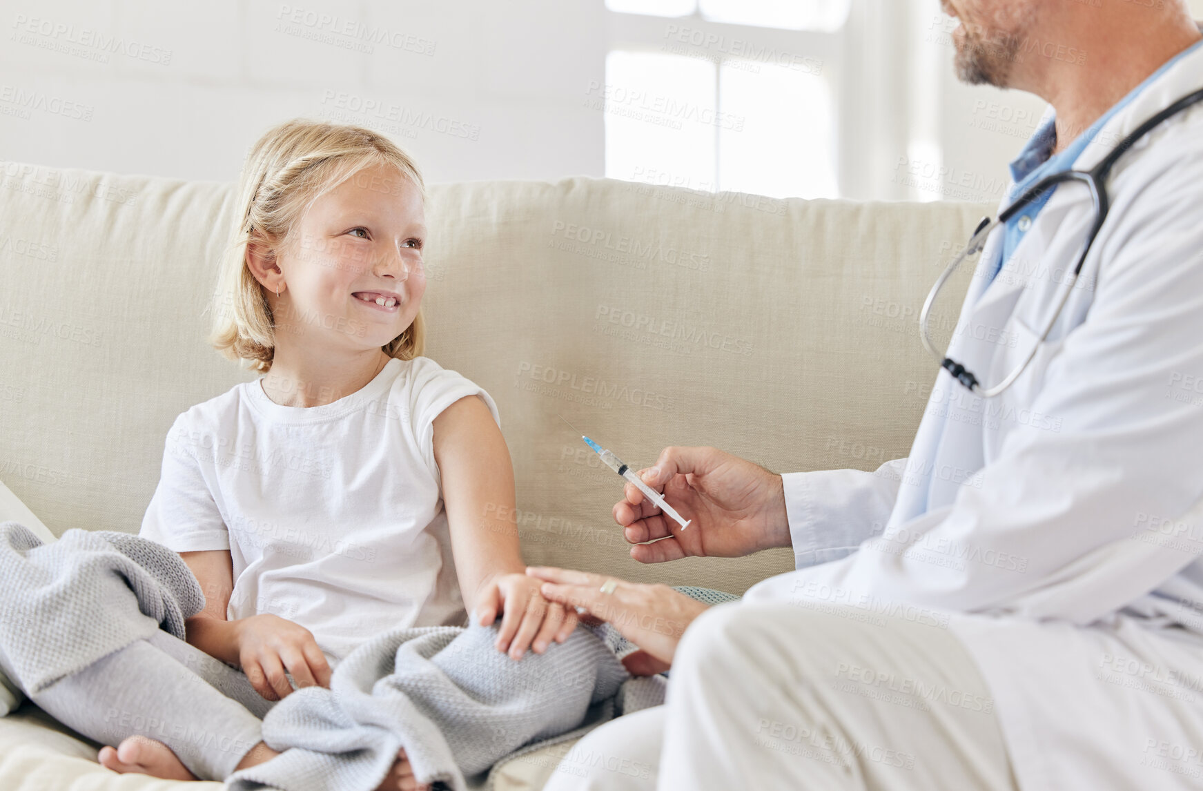 Buy stock photo Child, pediatrician and doctor in home for vaccine, wellness and healthcare treatment with needle. Girl, injection and medic in house for happiness, medicine and service in medical appointment as kid