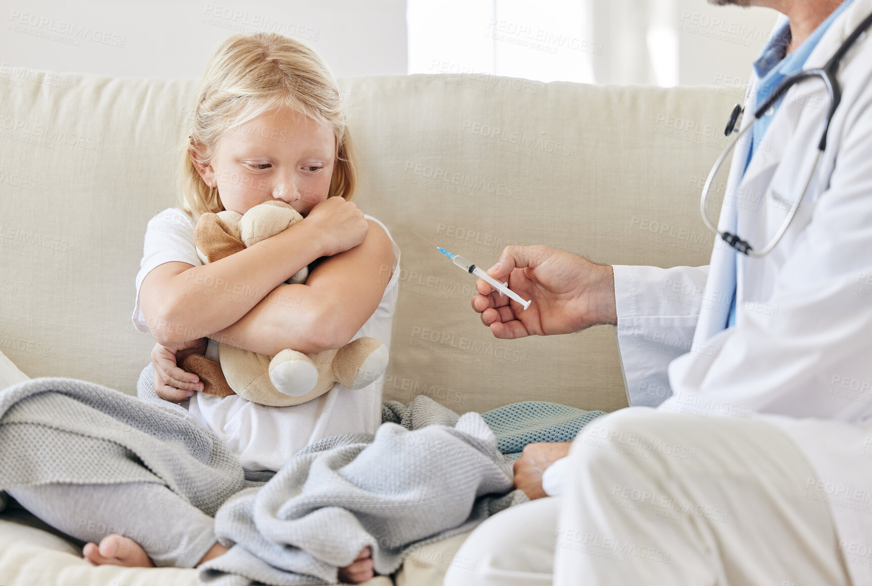 Buy stock photo Child, doctor and scared in home for vaccine, wellness and healthcare treatment with needle. Girl, injection and pediatrician as patient for consultation, medicine and service as medical appointment