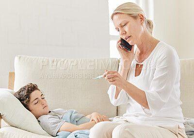 Buy stock photo Shot of a young mother using a cellphone to call a doctor for her sick son