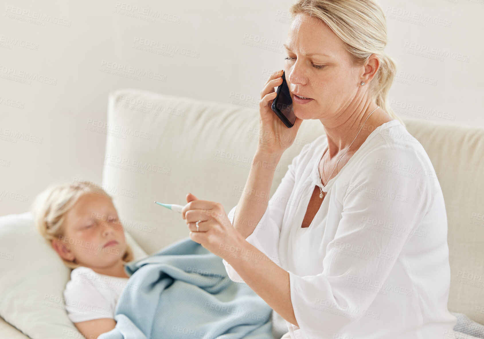 Buy stock photo Mother, sick child and phone call with thermometer for fever or cold virus as concern or care. Woman, girl and wellness with temperature, results and symptoms in home for medical advice on mobile