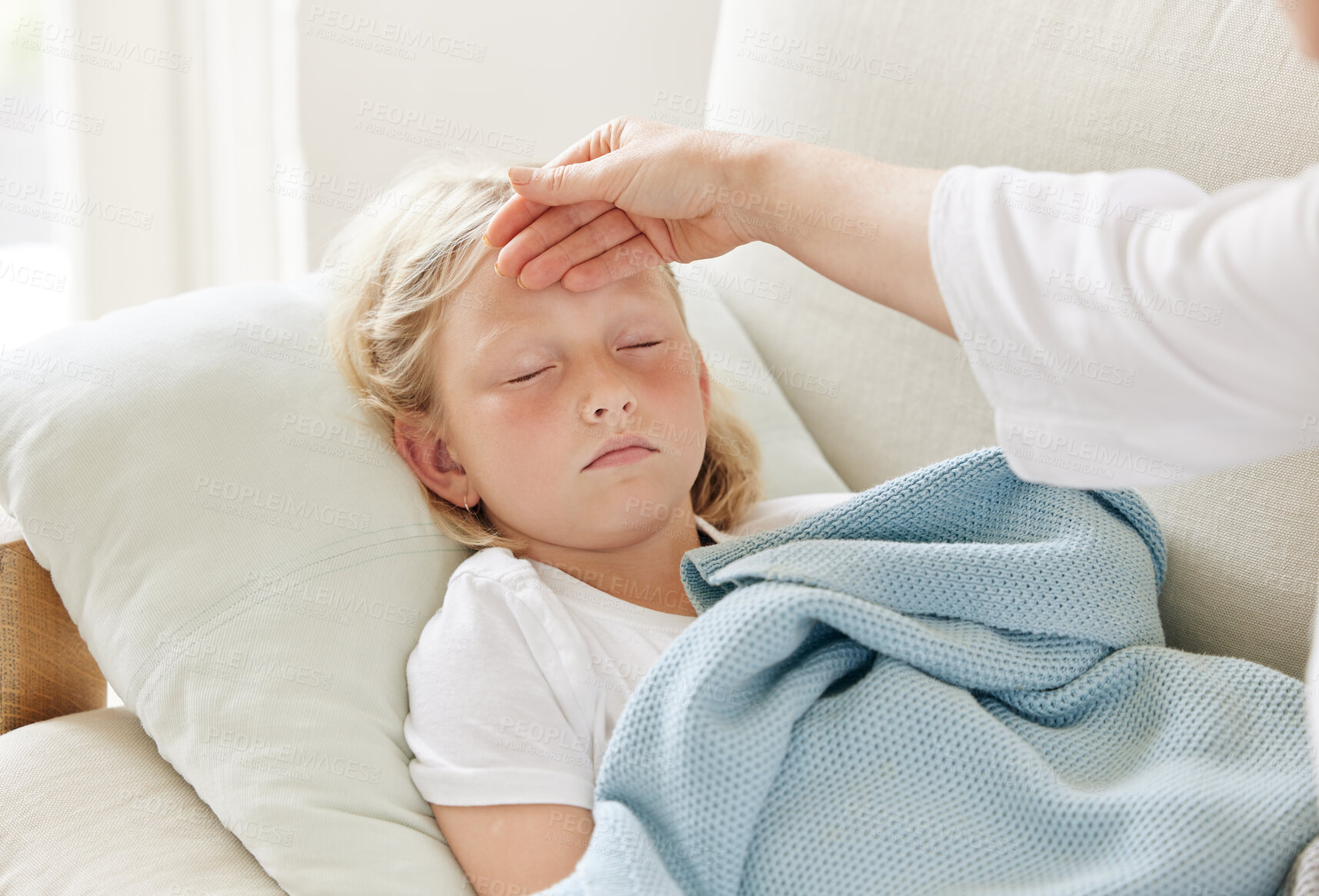 Buy stock photo Woman, child and feeling for symptoms, fever and cold virus in living room with concern or care. Mother, daughter and sick in home with hand on forehead, check up and wellness for medical condition