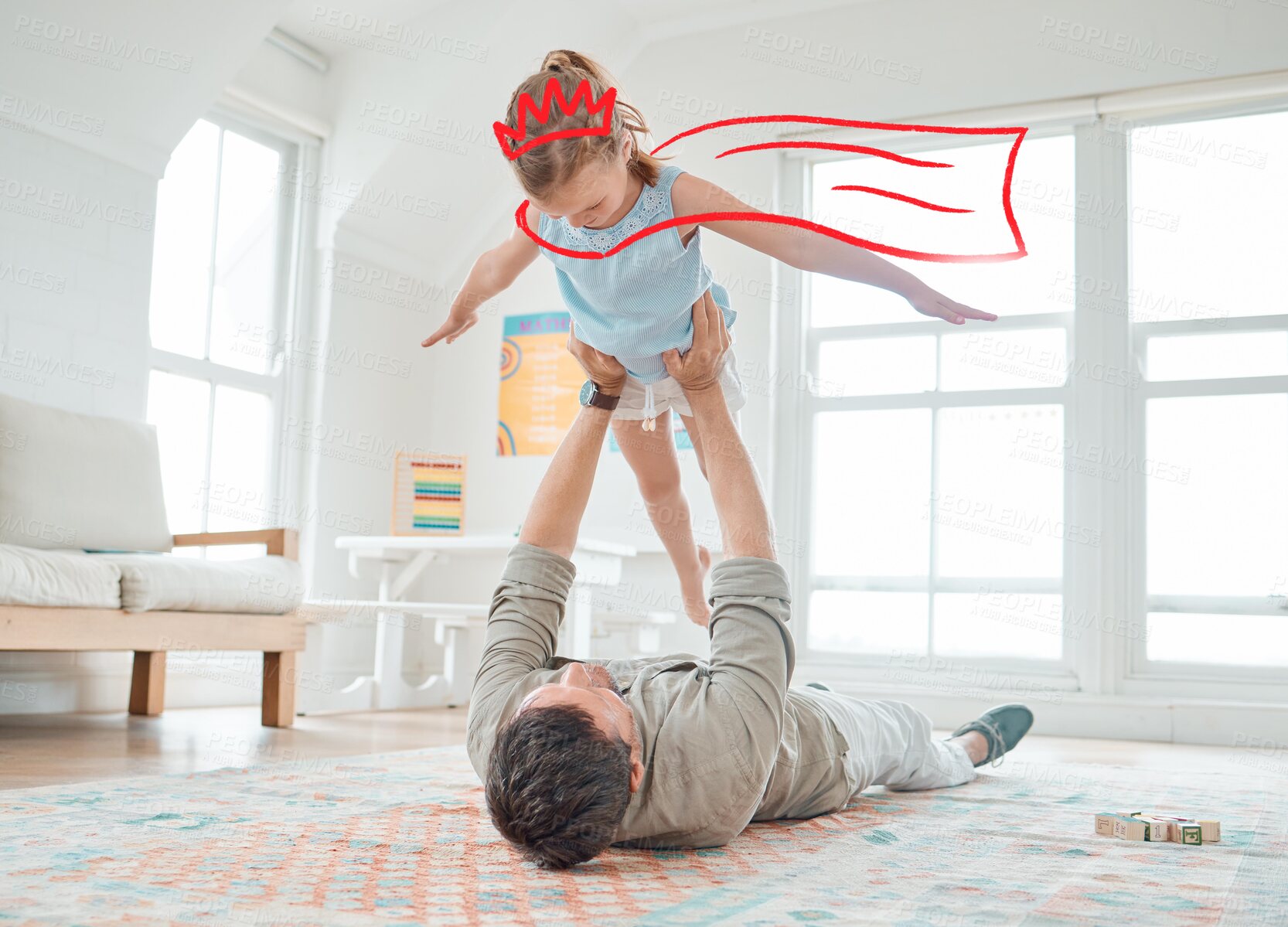 Buy stock photo Airplane, superhero and father with child in home for playing, fun and bonding together. Happy, fantasy and dad lifting girl kid with animation cape and crown for flying imagination in living room.