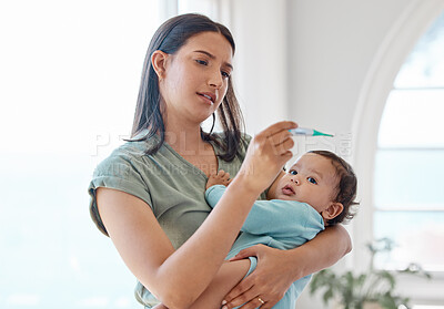 Buy stock photo Mom, sick baby and thermometer for medical risk, assessment results and flu infection at home. Mother testing temperature of infant kid, child and check for fever, virus and worried about health 