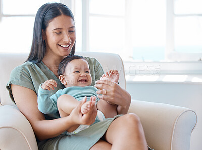Buy stock photo Happy, mom and play with newborn on sofa in home for love, fun and quality time together. Mother, baby and laughing with infant girl kid on couch in living room for support, smile and bond with child