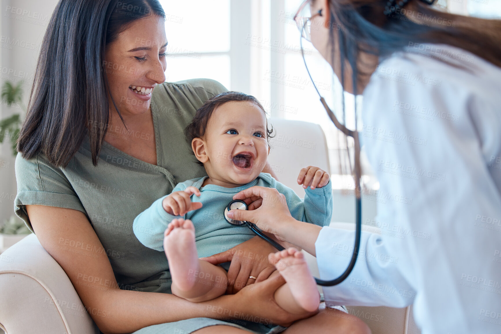 Buy stock photo Mother, baby and stethoscope of pediatrician for healthcare consulting, check lungs and breathing for heartbeat. Doctor, happy infant kid and chest assessment in clinic, hospital and medical analysis