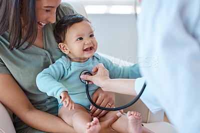 Buy stock photo Mom, baby and stethoscope of pediatrician for medical consulting, healthcare and check heartbeat. Doctor, happy newborn kid and chest assessment in clinic, hospital and test for healthy child growth
