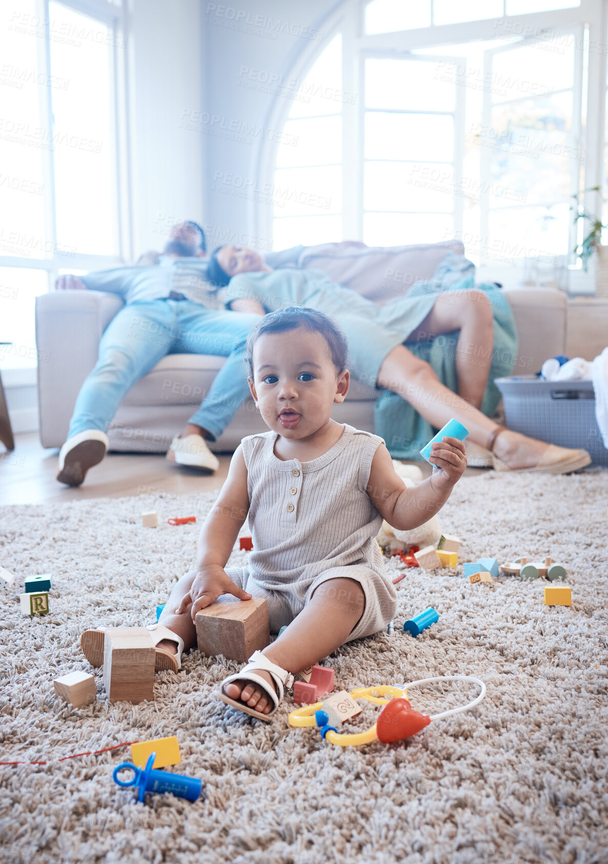 Buy stock photo Toys, baby and parents sleeping in living room for fatigue, exhaustion and burnout on weekend. Happy, portrait and toddler playing for child development, growth and cognitive skills on floor in home.