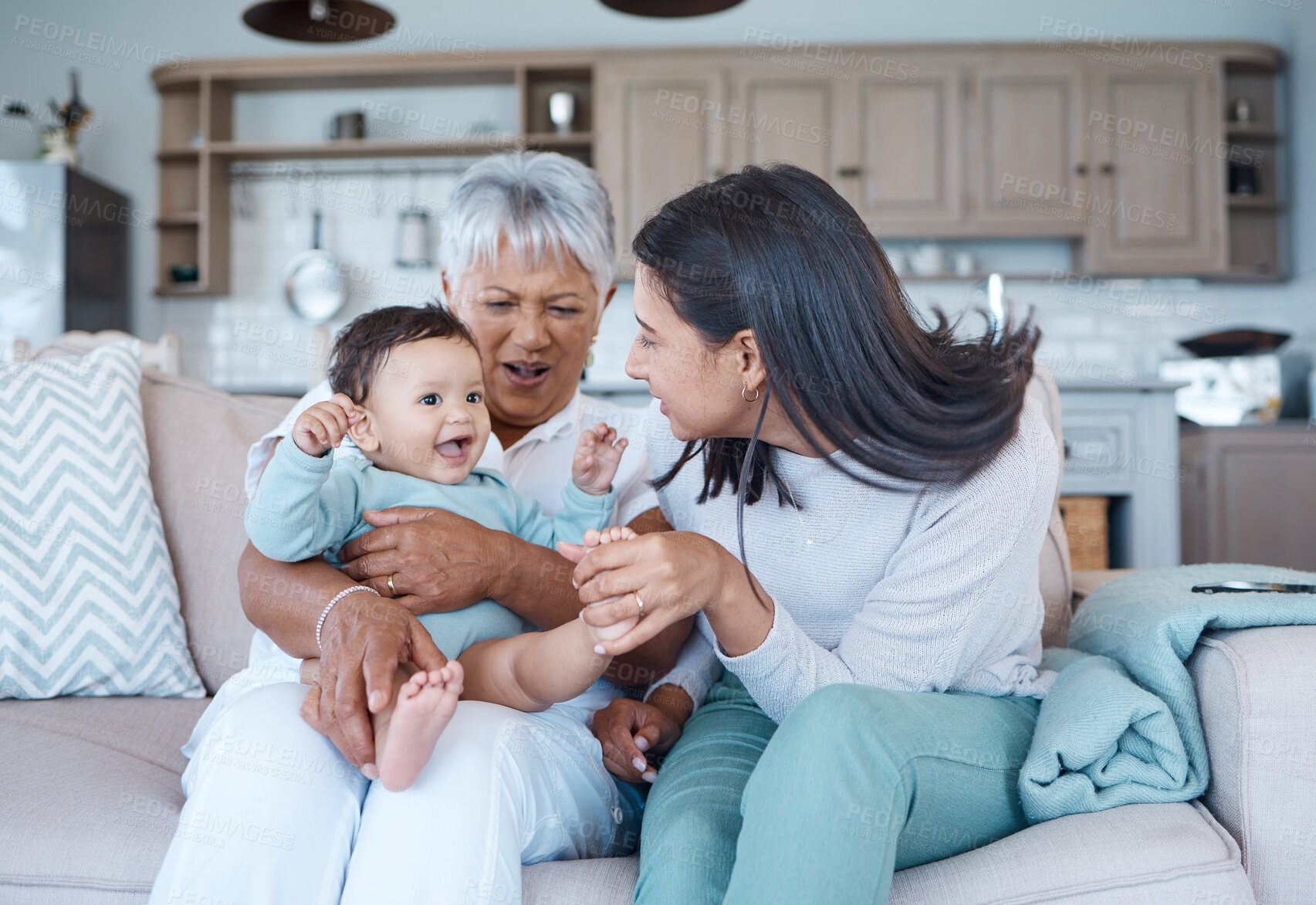 Buy stock photo Happy, grandmother and women with baby at house for love embrace, family support and bonding together. Smile, people and infant relax on couch for child development, playful game and retirement visit