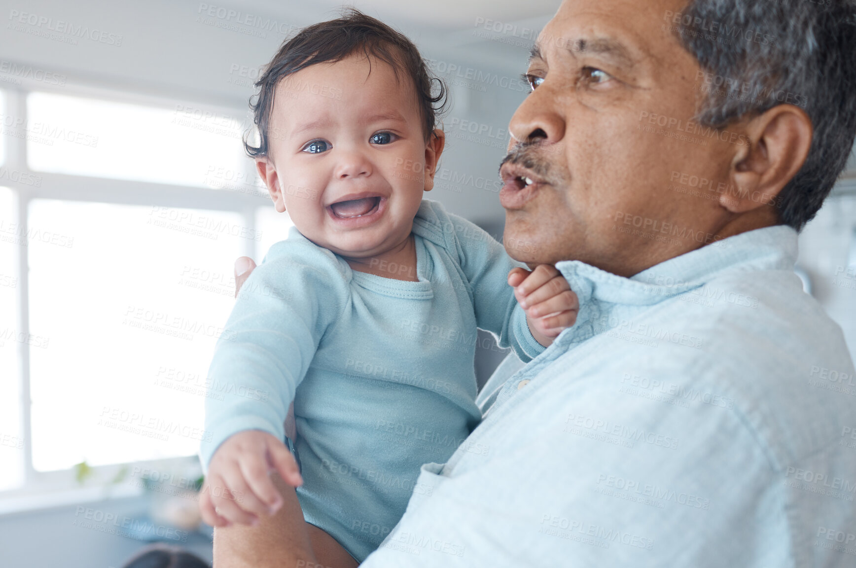 Buy stock photo Senior man, grandfather and crying baby at home with babysitting, struggling and care. Apartment, people and emotional infant for visit with love, adoption and comfort for child growth or development