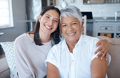 Buy stock photo Hug, sofa and portrait of elderly mother and daughter smile for care, trust and support on sofa or couch in a home. Happiness, love and women relax together in a living room or lounge on mothers day