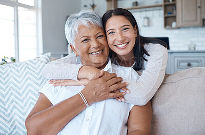 Buy stock photo Hug, sofa and portrait of women smile for care, trust and support on a couch in a home together for mothers day. Happiness, love and elderly mother and daughter relax in a living room or lounge