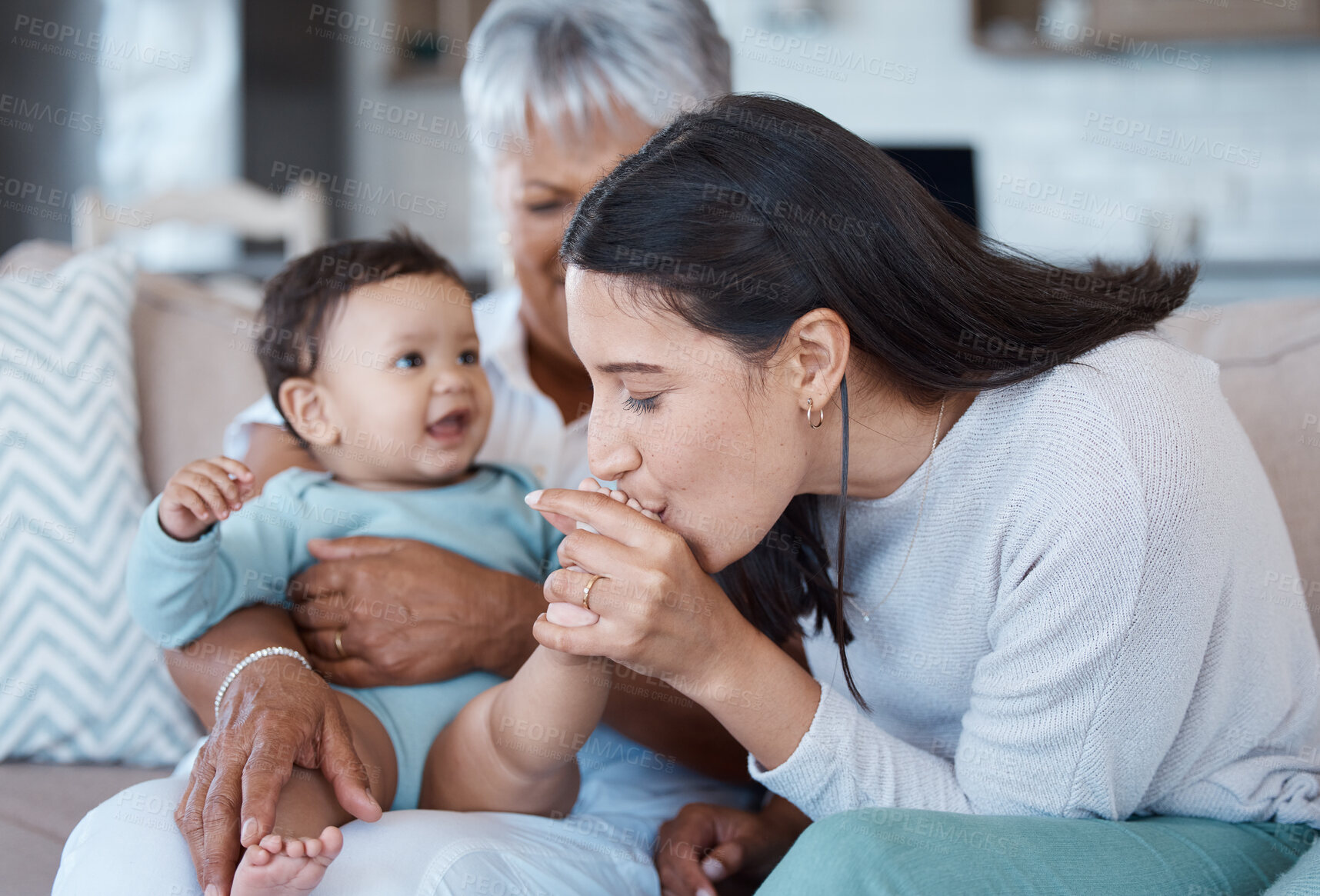 Buy stock photo Grandmother, women and kiss baby at house with love, family support and bonding together for care. Smile, people and infant with affection, playful game and child development for retirement visit