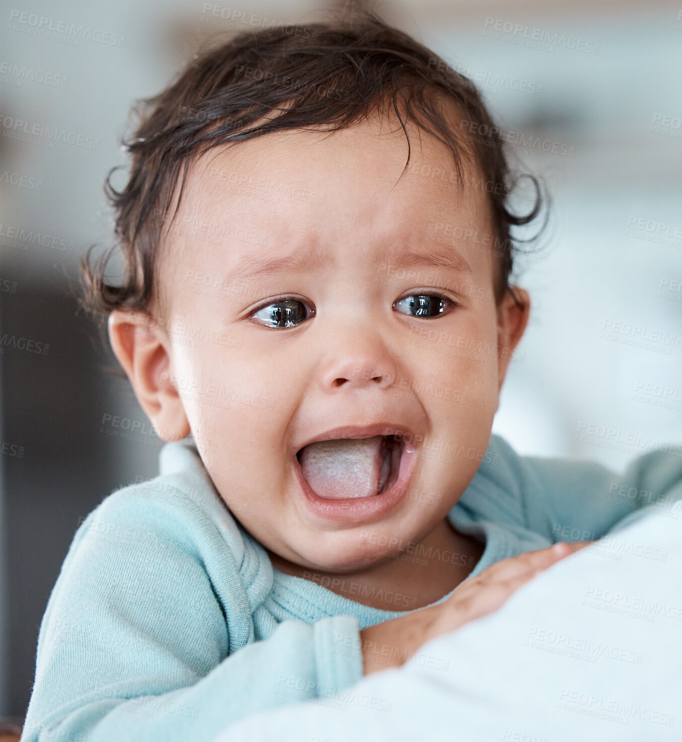 Buy stock photo Face, baby and crying on parent at home with comforting, care, support and bonding. People, apartment and emotional infant for worry for stress, scared and unhappy for child growth and development