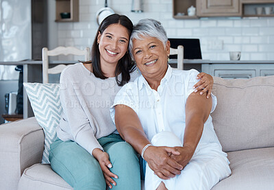 Buy stock photo Sofa, mothers day and portrait of women happy for care, trust and support couch in a home together and smile. Happiness, love and elderly mother and daughter relax in a living room or lounge