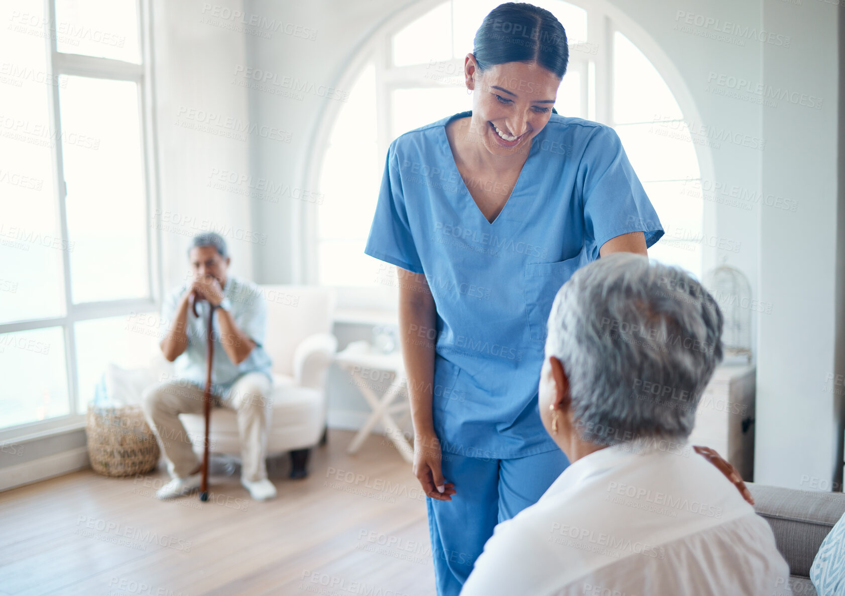 Buy stock photo Nurse, smile and trust with old woman on sofa in living room for Alzheimer, cognitive support and helping others. Healthcare, medical and senior care with people in retirement home for sympathy