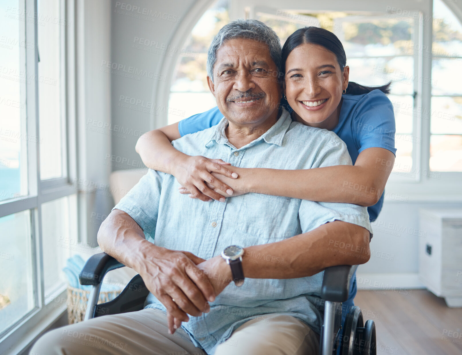 Buy stock photo Cropped portrait of a handsome senior man and his female nurse in the old age home