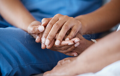 Buy stock photo Nurse, patient and holding hands for support, healthcare and empathy with love, care and trust. People, consultation and caregiver with kindness, compassion and therapy for mental health or wellness