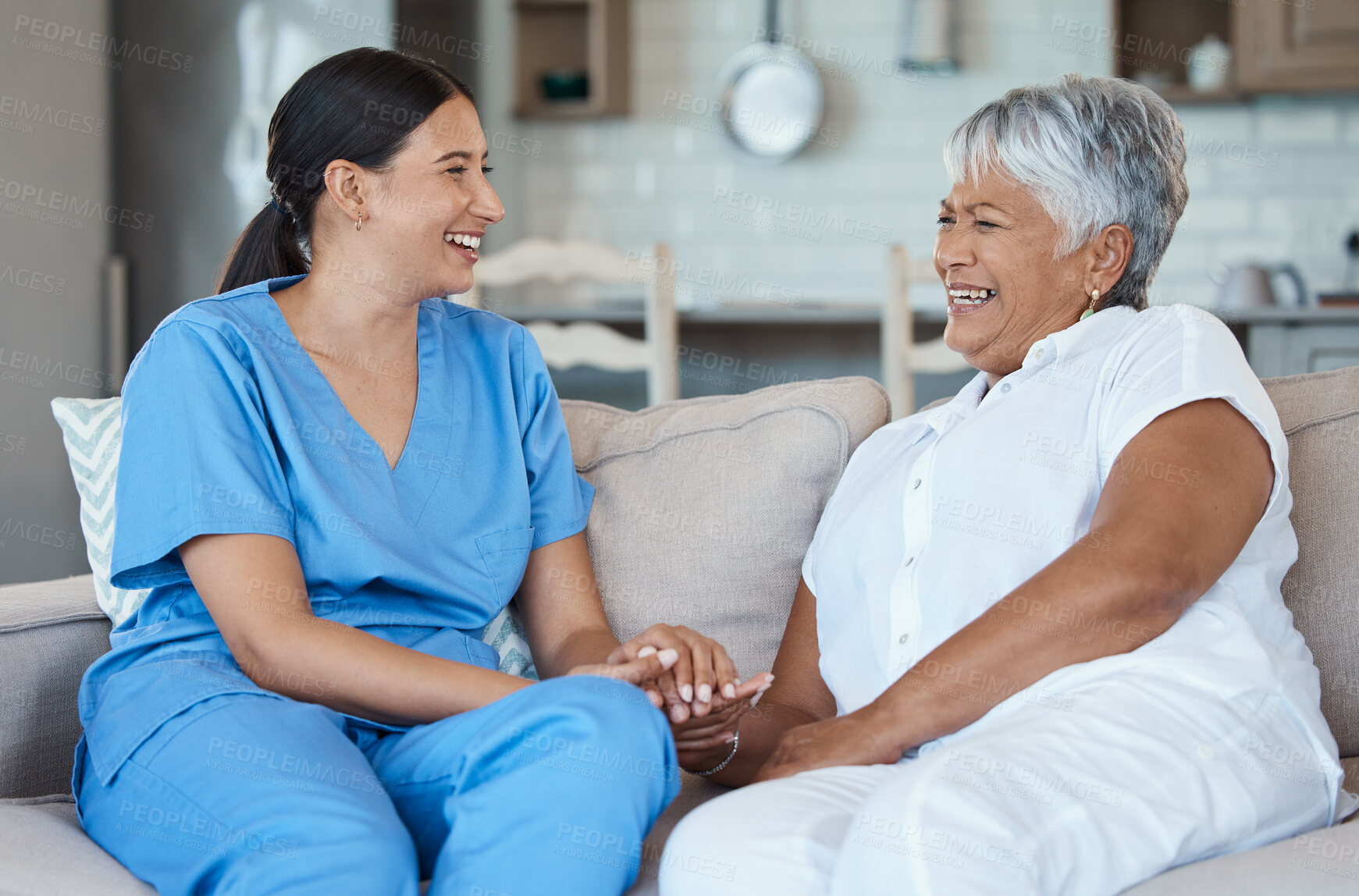 Buy stock photo Cropped portrait of an attractive senior woman and her female nurse in the old age home