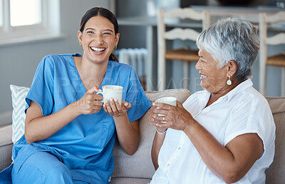 Buy stock photo Nurse, patient and coffee for retirement, healthcare and support with laugh, joke and break. Women, consultation and caregiver for assisted living, kindness and discussion for home health or wellness