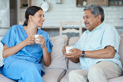 Buy stock photo Cropped shot of a handsome senior man and his female nurse in the old age home