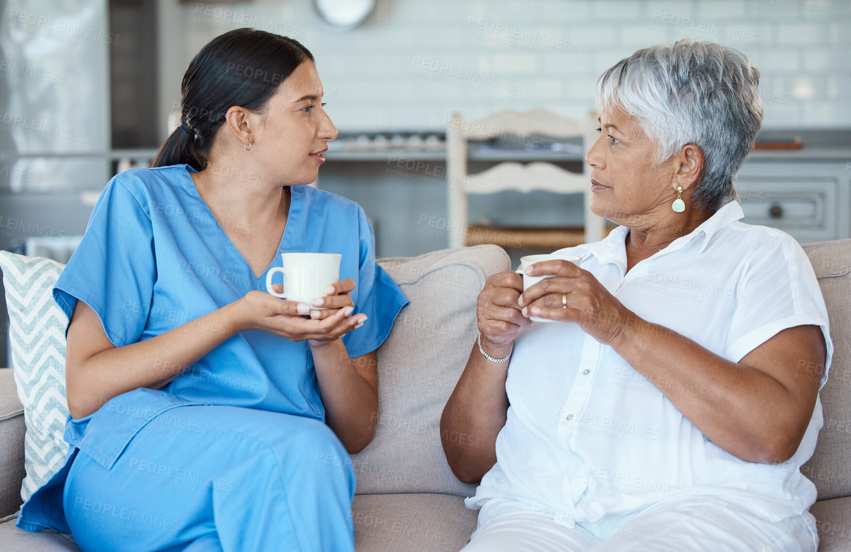 Buy stock photo Cropped portrait of an attractive senior woman and her female nurse in the old age home