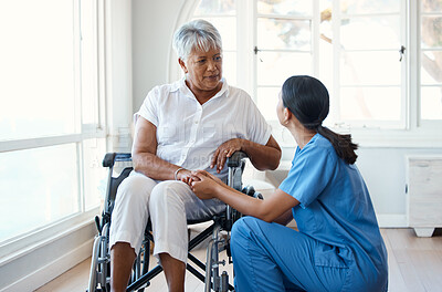 Buy stock photo Nurse, woman with a disability and discussion for wheelchair, healthcare and support with assisted living. Patient, caregiver and happy for home service, retirement and rehabilitation for senior care