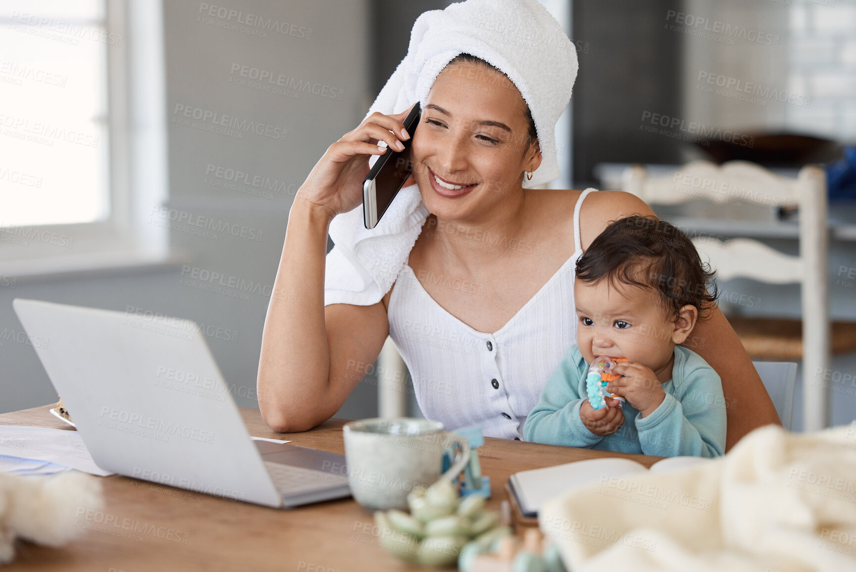 Buy stock photo Laptop, baby or mom with smile or phone call for remote work, freelance client or business in home. Daughter, writer and mother juggling parenting task for responsibility, talking or multitasking