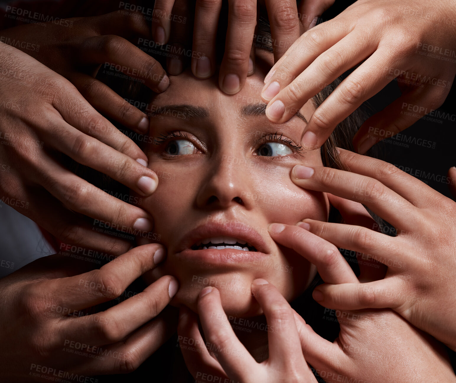 Buy stock photo Hands, fear and schizophrenia with face of woman in studio for bipolar disorder, ptsd and identity crisis. Mental health, anxiety and horror with person on background for trauma, terror and abuse
