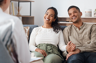 Buy stock photo Happy couple on sofa, therapy and marriage counselling, support and love with relationship advice together. Smile, man and woman with therapist in conversation, healthy communication and healing help