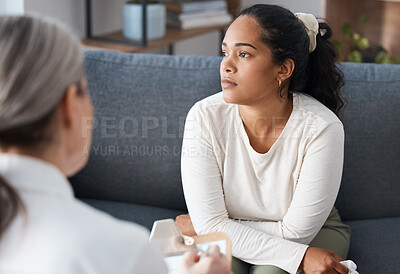 Buy stock photo Thinking psychologist, therapy and woman in consultation for mental health on sofa. Therapist, psychology and female patient consulting, counseling and discussion for depression, memory and problem.