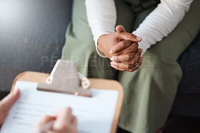 Buy stock photo Woman, hands and therapist writing on clipboard in consultation for mental health, psychology or healthcare. Hand of female person or psychologist consulting patient with anxiety or stress in therapy