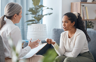 Buy stock photo Psychologist, therapy and woman talking in consultation for mental health in office. Therapist, psychology and female patient consulting, counseling and discussion for depression, stress and crying.
