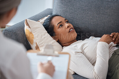 Buy stock photo Therapist, psychology and woman lying on sofa in consultation for mental health. Therapy, psychologist and female patient consulting, counseling and thinking about depression, problem and talking.